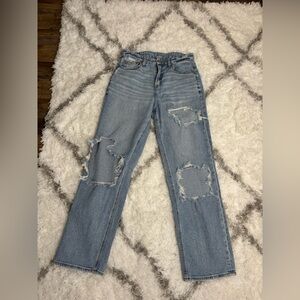 American Eagle blue high-waisted 90s straight leg jeans with distressing